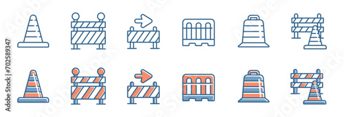 Road block traffic cone icon set street safety street barricade vector illustration road work maintenance symbol design