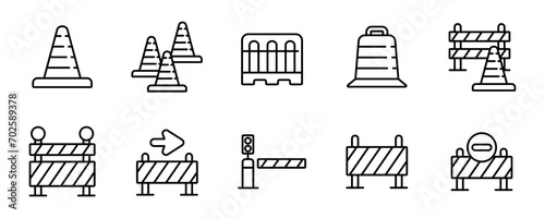 Barrier traffic block cone icon set safety roadwork construction signs vector illustration