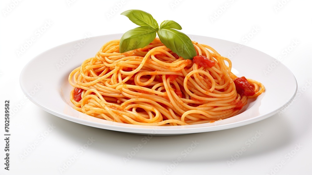 Spaghetti on plate, on a white background. Generative AI