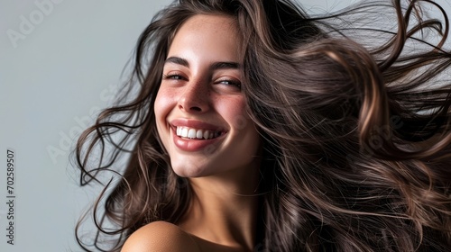 smiling brunette woman with long floating hair - image banner for a cosmetic store