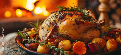 Roasted chicken with herbs and vegetables for festive dinner. Gourmet and culinary art.