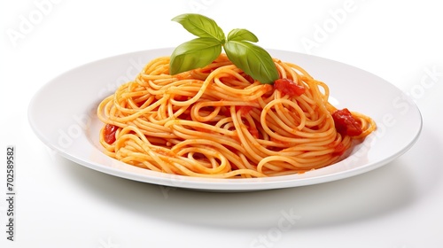 Spaghetti on plate, on a white background. Generative AI