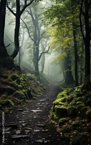 Lonely Woodland Trail in a Misty Dusk