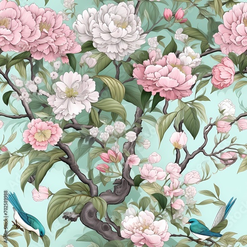 chinoiseries pink flower background on light blue background