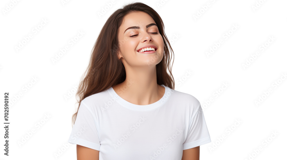 Portrait of happy and positive woman close eyes, smiling carefree, isolated on transparent and white background.PNG image. Portrait of happy and positive woman close eyes, smiling carefree, isolated on transparent and white background.PNG image.