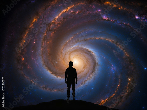 A silhouette of a person against the backdrop of a spiral galaxy, highlighting the infinitesimal scale of humanity in the vastness of the universe