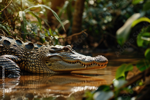 A crocodile basking in the warm sunlight along the banks of a tropical river