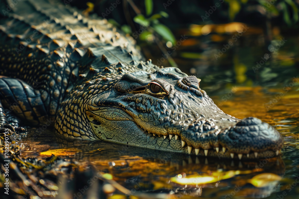 A crocodile basking in the warm sunlight along the banks of a tropical river