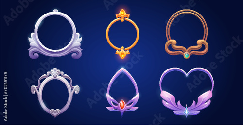 Decorative metallic frame for game ui avatar or menu banner design. Golden silver round and heart shape border with curling edges and gemstones. Cartoon vector illustration set of medieval framework.