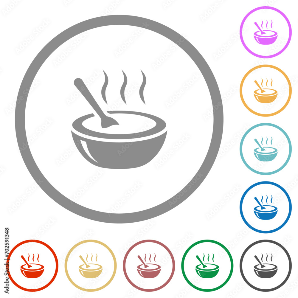 Glossy steaming bowl of soup with spoon flat icons with outlines