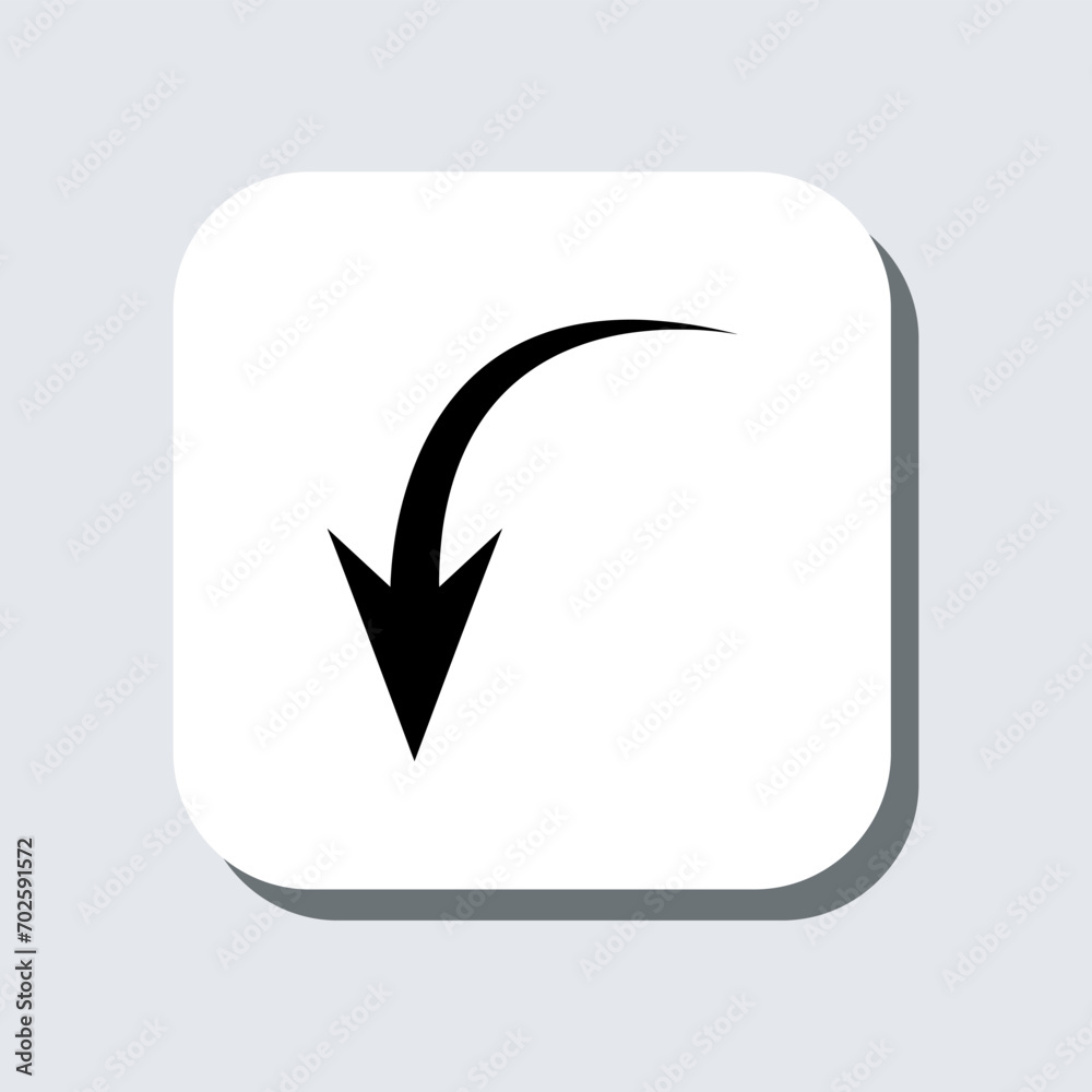 Curved arrow icon vector. Arrow pointer sign symbol in trendy flat style. Arrow down vector icon illustration in square isolated on gray background Curved arrow icon vector. Arrow pointer sign symbol in trendy flat style. Arrow down vector icon illustration in square isolated on gray background
