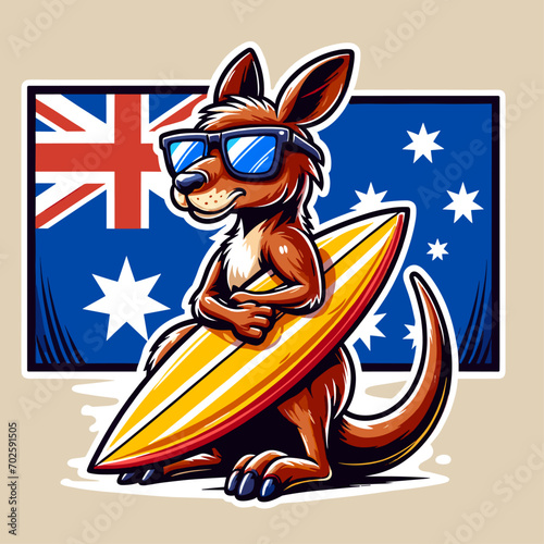 kangaroo with australian flag and surfboard