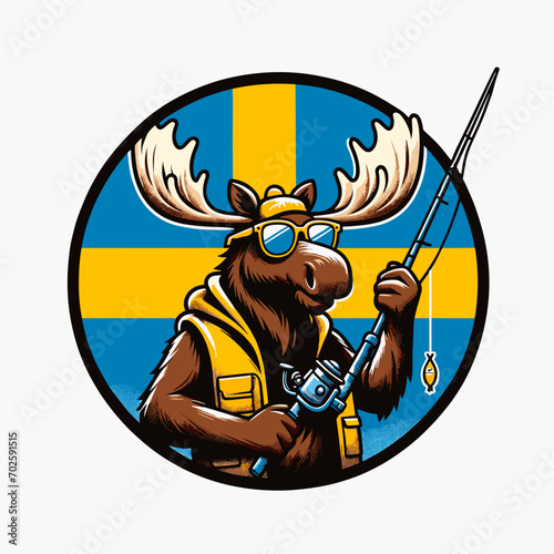 moose with fishing rod and swedish flag