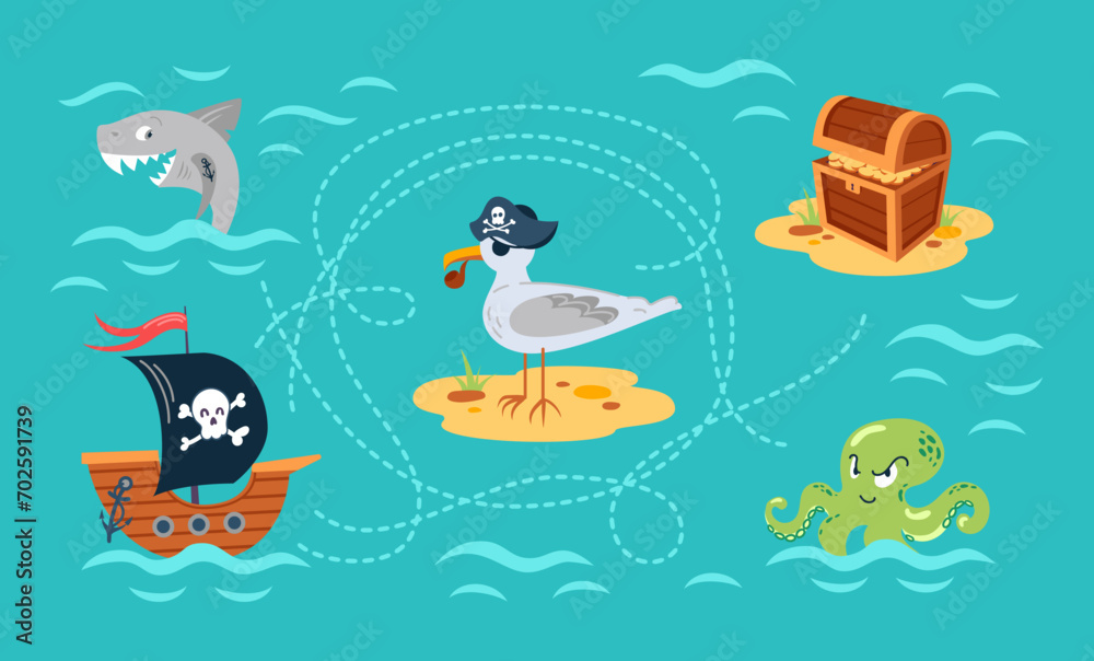 Treasure map. Pirate ship, octopus, seagull and shark. Chest with doubloons. Childrens educational game. Cartoon characters. Vector illustration for game design, cards, board game, book