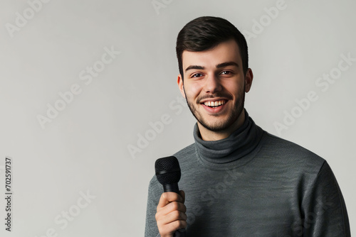 Portrait of a smiling man with a microphone in his hand. AI generative
