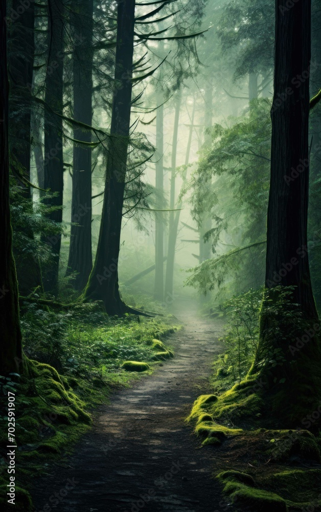 Scene of a Ethereal Forest Trail in Fog