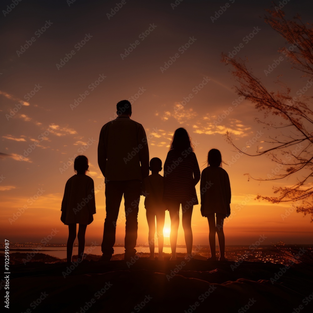 Silhouette of family standing sunset background the lowest shooting angle. bottom view. 