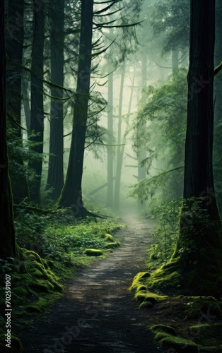 Scene of a Ethereal Forest Trail in Fog