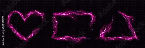Pink frames made of glowing neon lightning. Realistic vector set of rectangle, triangle and heart shape borders from thunder bolts. Magic electric energy power framework on dark transparent background