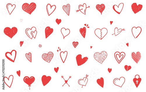 Set of red hand drawn hearts, design elements for Valentine's day, wedding and other events