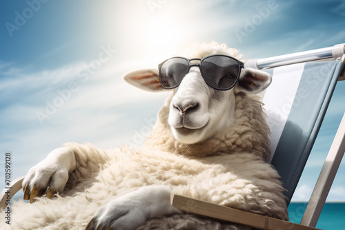 Cute sheep with sunglasses sunbathing at beach. summer time fun concept. travel image.