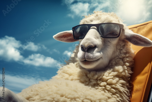 Cute sheep with sunglasses sunbathing at beach. summer time fun concept. travel image.
