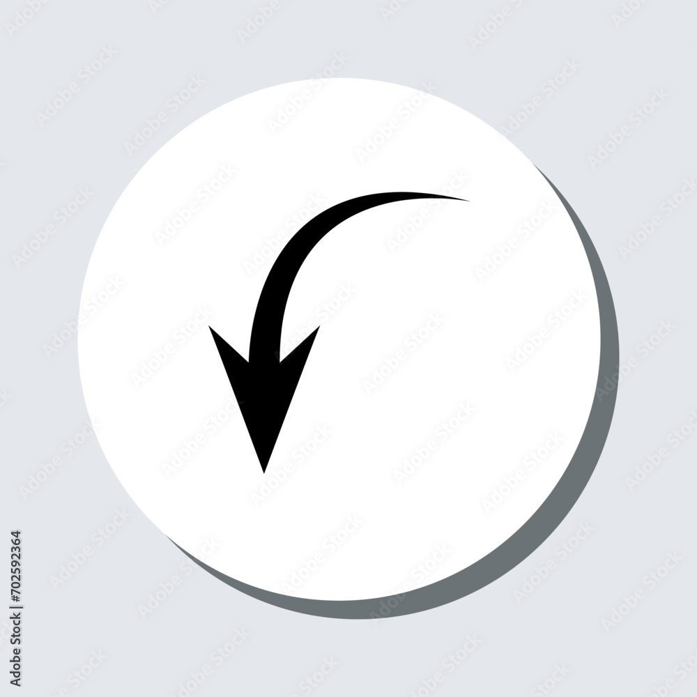 Curved arrow icon vector. Arrow pointer sign symbol in trendy flat style. Arrow down vector icon illustration in circle isolated on gray background Curved arrow icon vector. Arrow pointer sign symbol in trendy flat style. Arrow down vector icon illustration in circle isolated on gray background