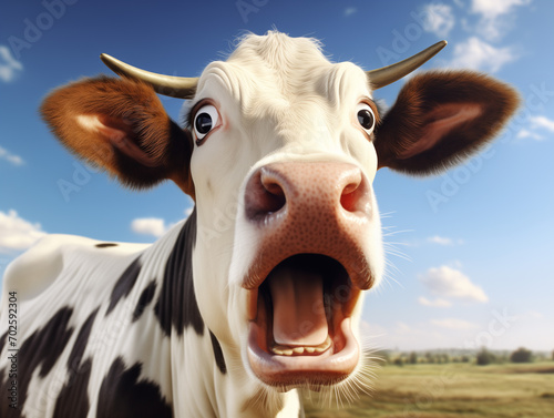 Shocked cow expression, close up shot of cow face. Surprised or amazed expression advertising concept.