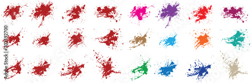 Distressed splatter black, orange, green, purple, wheat, red color paint liquid stains brush stroke vector background set