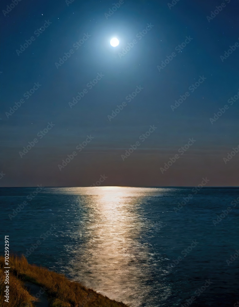 Moonlit Path Along the Shore with Pier Jutting Out into the Sea at Night