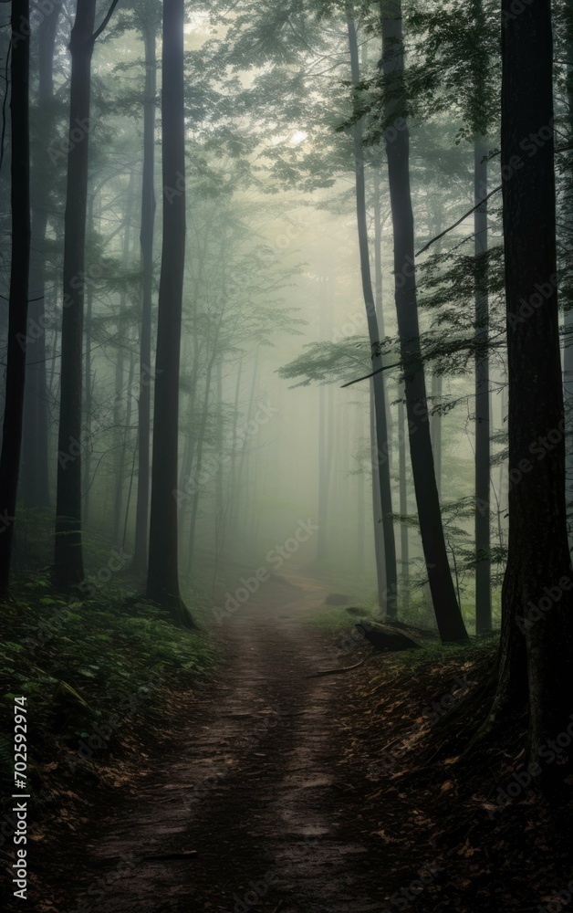 Obraz premium Desolate Woodland Track on a Misty Evening