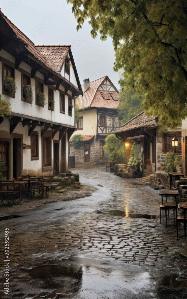 Photograph of a desolate village square during a downpour Photograph of a desolate village square during a downpour