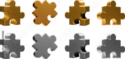 3d puzzle of gold and silver. Metallic chrome jigsaw piece vector isolated render. Luxury team building strategy. Partner cooperation and problem solving