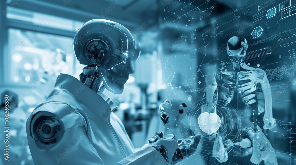Fototapeta premium AI robot doing research in a medical field, healthcare industry.
