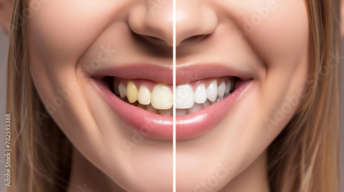 Before and after teeth cleaning procedure on a woman. Comparison chart.