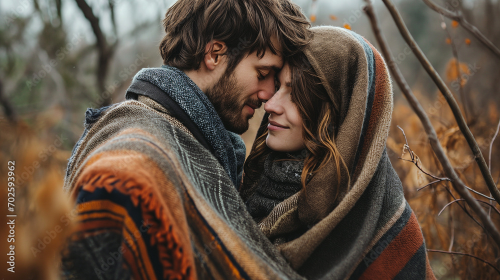 Cute engagement photo session in the fall season. Couple in love wrapped in a blanket. Hugging.