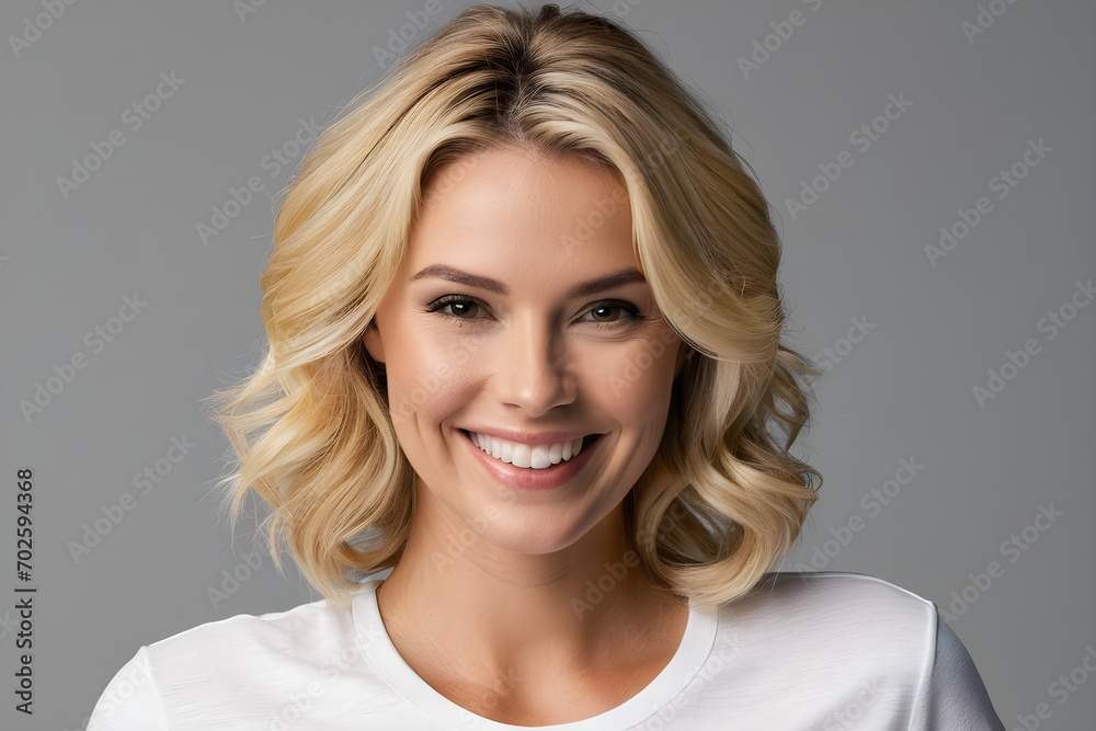 A woman with a big smile, a simple background. Generative AI A woman with a big smile, a simple background. Generative AI