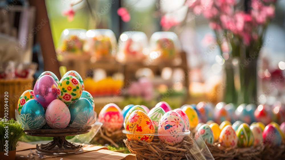 Easter eggs on display, colorful traditional decorations.