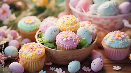 Easter celebration cupcakes and eggs in pastel colors.