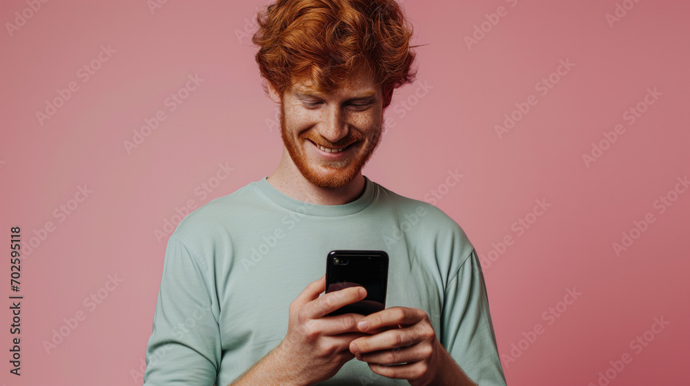 A handsome redhead man is looking at a smartphone screen. Pink monochrome studio background. A handsome redhead man is looking at a smartphone screen. Pink monochrome studio background.