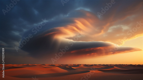 sunset over the desert with lenticular clouds and ray of light from the sun at sunset