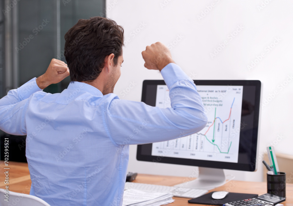 Fototapeta premium Businessman, celebration or computer for stock market success with profit, reward or online bonus. Yes, happy or trader with fist pump for achievement, goals or winning on investment graphs or charts