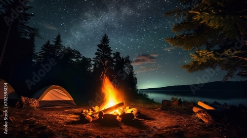 Camping in the Forest Tent with a Campfire