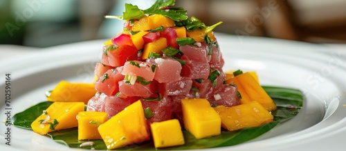 Tropical Hawaiian salad with tuna, mango, and monstera leaf on a white plate. photo