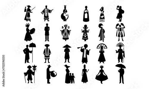 people of different traditions all over the world detailed silhouettes or vector set , black and white photo