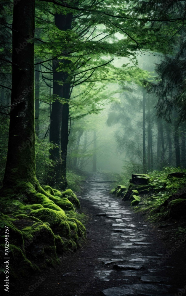 Obraz premium Desolate Woodland Track on a Misty Evening
