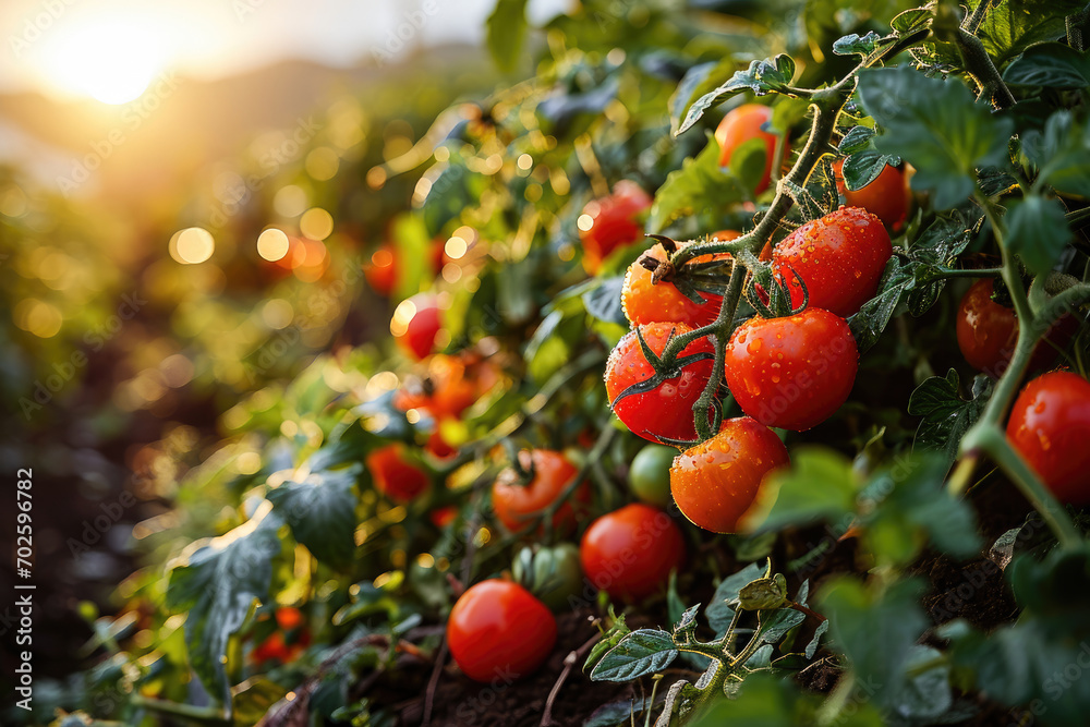 Fototapeta premium Ripe red tomatoes on a vine in a garden, glowing in the warm light of a setting sun, ready for harvest.