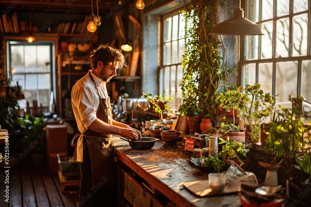 A man in an apron preparing food in a rustic kitchen with warm sunlight and surrounding plants. A man in an apron preparing food in a rustic kitchen with warm sunlight and surrounding plants.