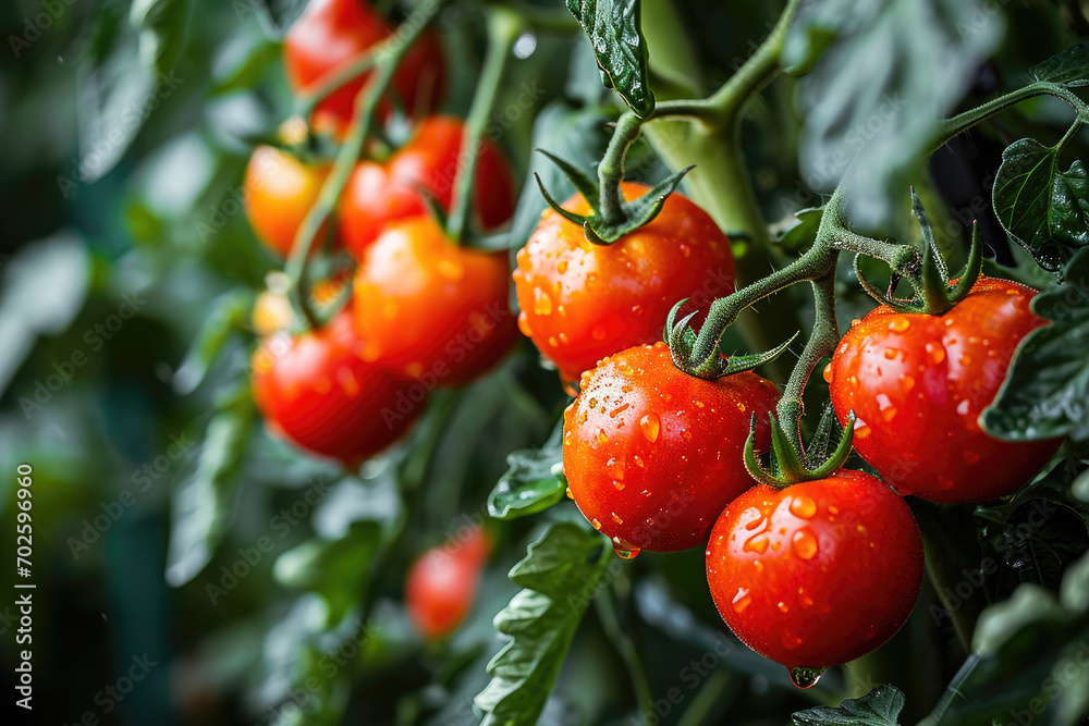 Fresh ripe tomatoes with water droplets hanging on the vine, showcasing natural and healthy garden produce.