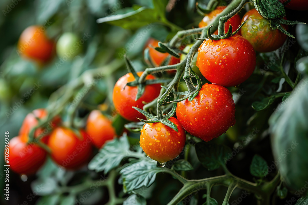 Fresh ripe red tomatoes on the vine with water droplets, surrounded by lush green leaves, ready for the harvest.
